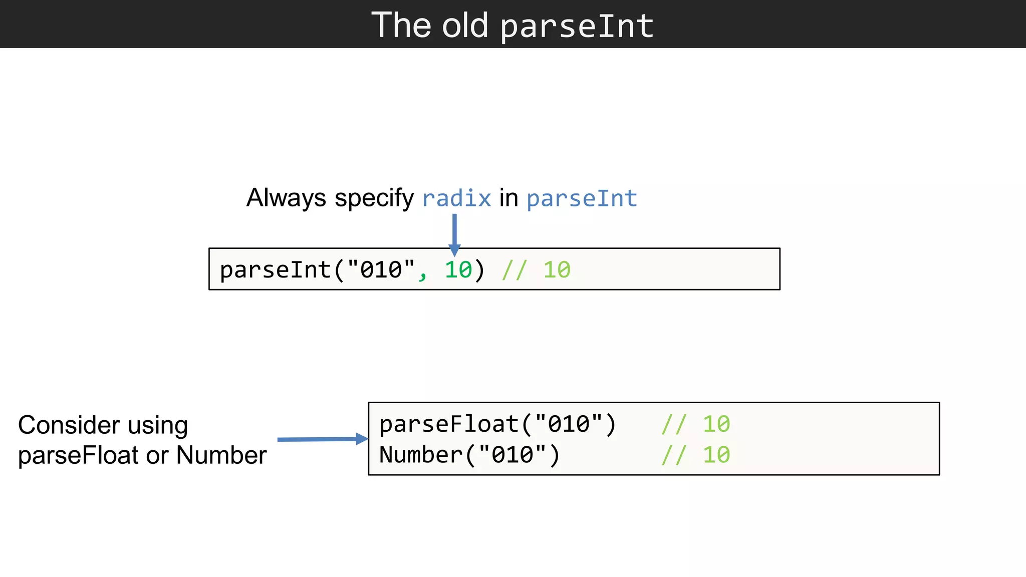 The old parseInt parseInt("010", 10) // 10 parseFloat("010") // 10 Number("010") // 10 Always specify radix in parseInt Consider using parseFloat or Number 