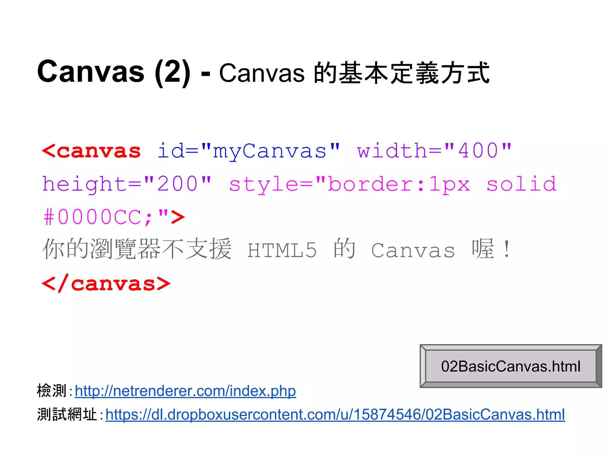 Canvas (2) - Canvas 的基本定義方式
<canvas id="myCanvas" width="400"
height="200" style="border:1px solid
#0000CC;">
你的瀏覽器不支援 HTML5 的 Canvas 喔！
</canvas>

02BasicCanvas.html
檢測：http://netrenderer.com/index.php
測試網址：https://dl.dropboxusercontent.com/u/15874546/02BasicCanvas.html

 