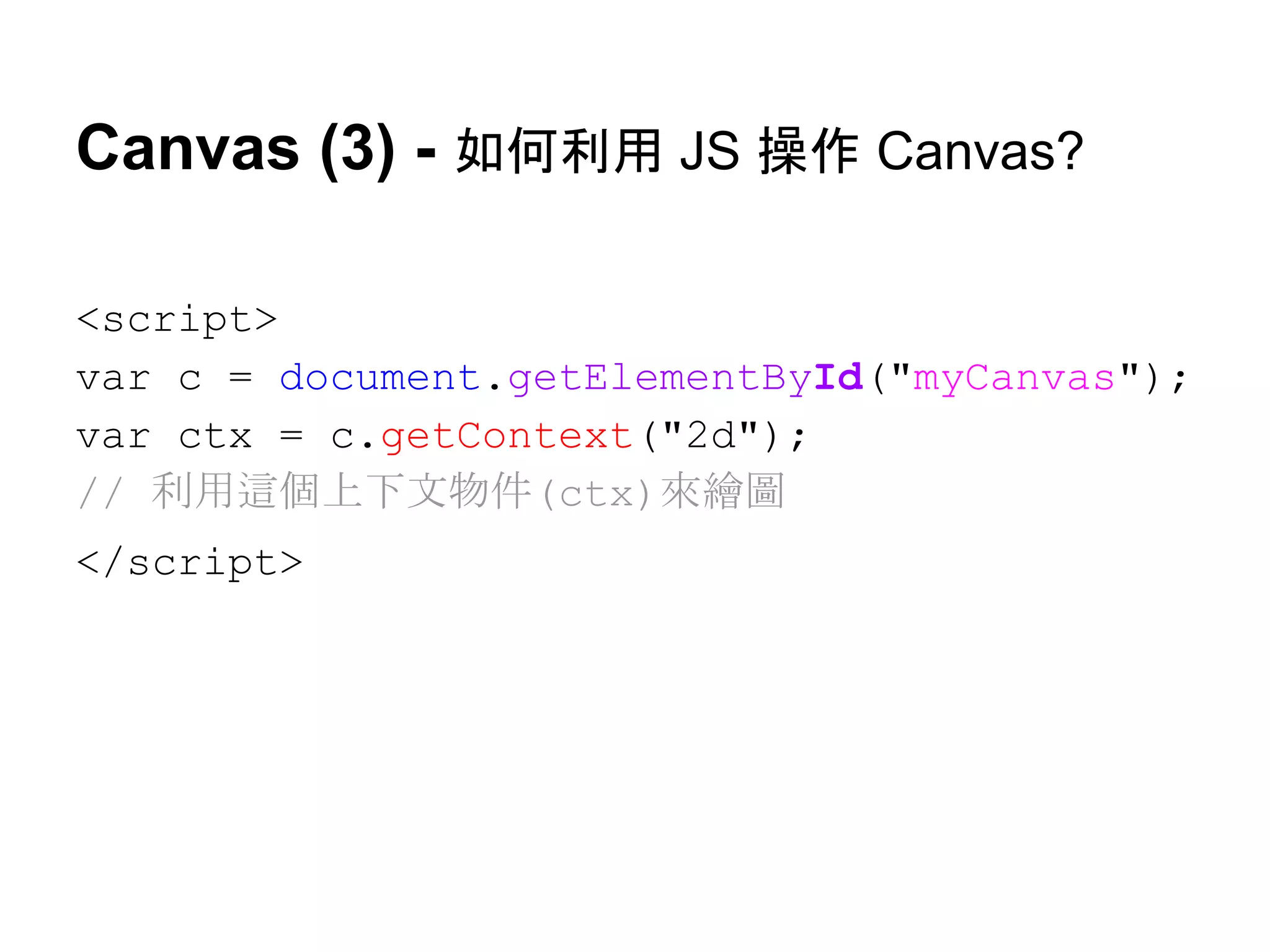 Canvas (3) - 如何利用 JS 操作 Canvas?
<script>
var c = document.getElementById("myCanvas");
var ctx = c.getContext("2d");
// 利用這個上下文物件(ctx)來繪圖
</script>

 