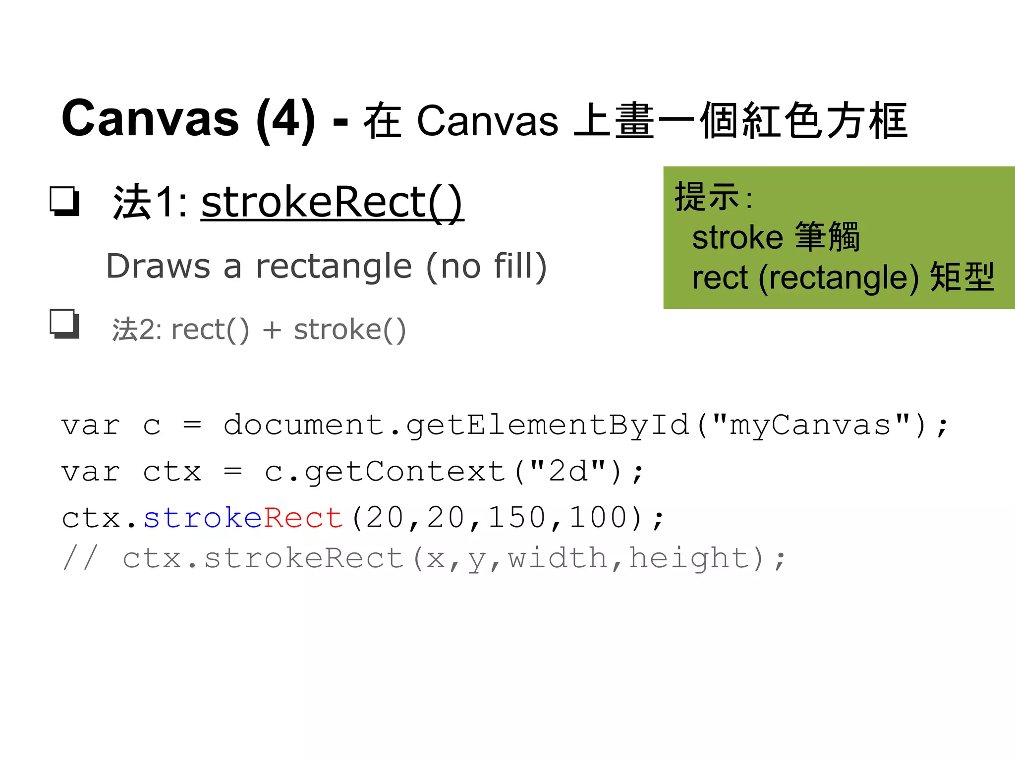 Canvas (4) - 在 Canvas 上畫一個紅色方框
❏ 法1: strokeRect()
Draws a rectangle (no fill)

❏

提示：
stroke 筆觸
rect (rectangle) 矩型

法2: rect() + stroke()

var c = document.getElementById("myCanvas");
var ctx = c.getContext("2d");
ctx.strokeRect(20,20,150,100);
// ctx.strokeRect(x,y,width,height);

 