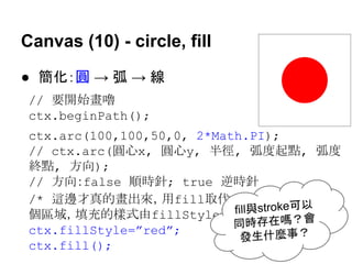 Canvas (10) - circle, fill
● 簡化：圓 → 弧 → 線
// 要開始畫嚕
ctx.beginPath();
ctx.arc(100,100,50,0, 2*Math.PI);
// ctx.arc(圓心x, 圓心y, 半徑, 弧度起點, 弧度
終點, 方向);
// 方向：false 順時針; true 逆時針
/* 這邊才真的畫出來，用fill取代stroke，會填充整
fill與stroke可以
個區域，填充的樣式由fillStyle進行設定 */？會
同時存在嗎
ctx.fillStyle=”red”;
發生什麼事？
ctx.fill();

 