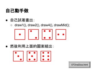 自己動手做
● 自己試著畫出：
○ draw1(), draw2(), draw4(), drawMid();

● 然後利用上面的圖案組出：

07OneDice.html

 