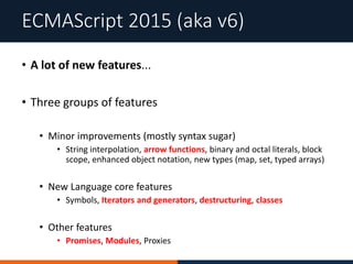 • A lot of new features...
• Three groups of features
• Minor improvements (mostly syntax sugar)
• String interpolation, arrow functions, binary and octal literals, block
scope, enhanced object notation, new types (map, set, typed arrays)
• New Language core features
• Symbols, Iterators and generators, destructuring, classes
• Other features
• Promises, Modules, Proxies
ECMAScript 2015 (aka v6)
 