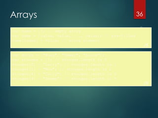 CS380
36
Arrays
var name = []; // empty array
var name = [value, value, ..., value]; // pre-filled
name[index] = value; // store element
JS
var ducks = ["Huey", "Dewey", "Louie"];
var stooges = []; // stooges.length is 0
stooges[0] = "Larry"; // stooges.length is 1
stooges[1] = "Moe"; // stooges.length is 2
stooges[4] = "Curly"; // stooges.length is 5
stooges[4] = "Shemp"; // stooges.length is 5
JS
 