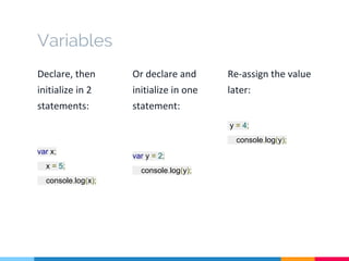 Variables
Declare, then
initialize in 2
statements:
var x;
x = 5;
console.log(x);
Or declare and
initialize in one
statement:
var y = 2;
console.log(y);
Re-assign the value
later:
y = 4;
console.log(y);
 