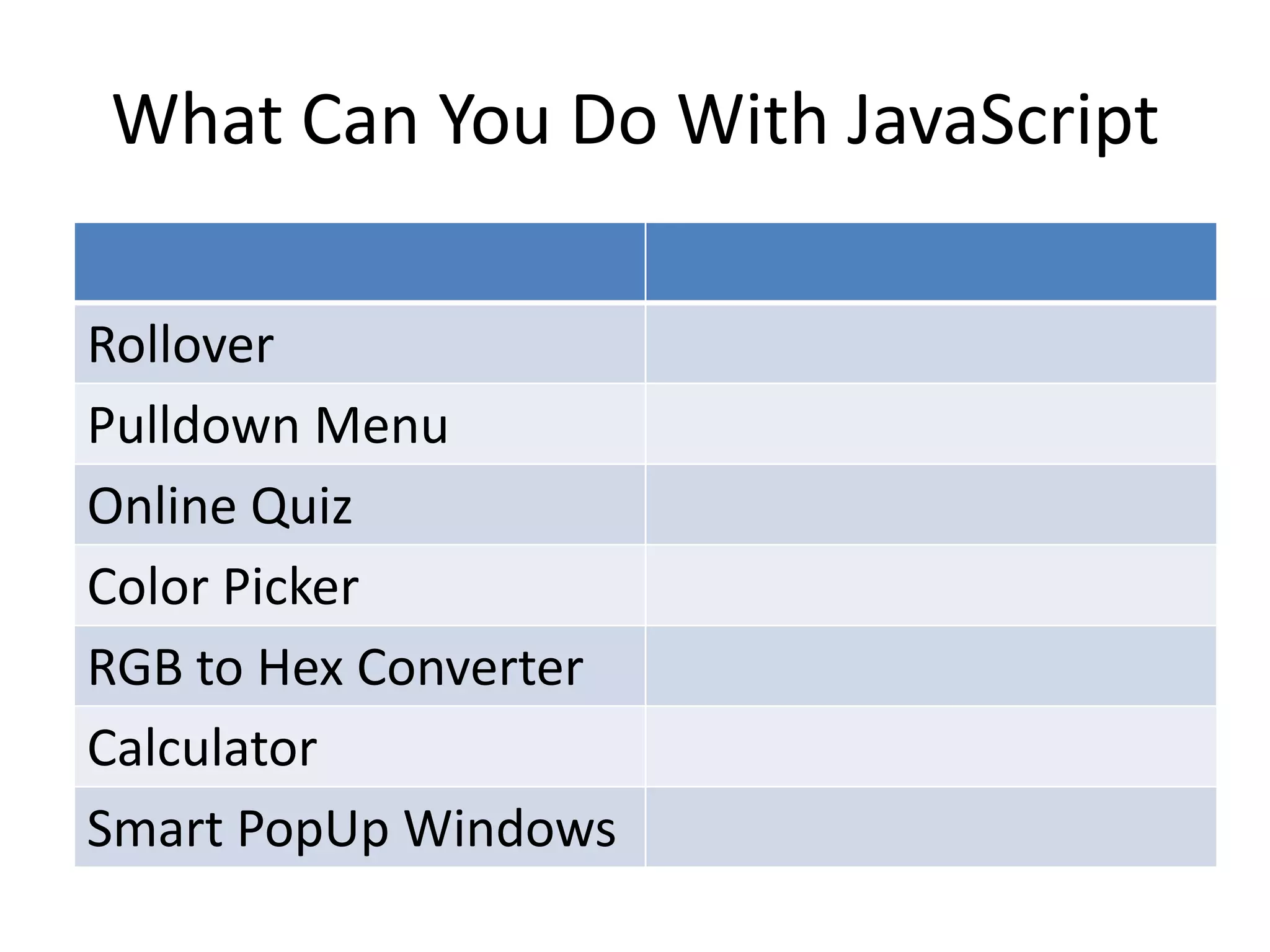 What Can You Do With JavaScript

Rollover
Pulldown Menu
Online Quiz
Color Picker
RGB to Hex Converter
Calculator
Smart PopUp Windows
 