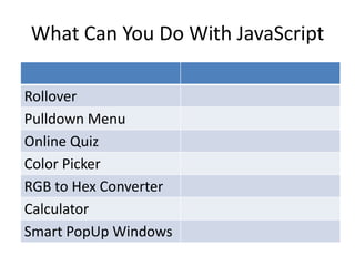 What Can You Do With JavaScript

Rollover
Pulldown Menu
Online Quiz
Color Picker
RGB to Hex Converter
Calculator
Smart PopUp Windows
 
