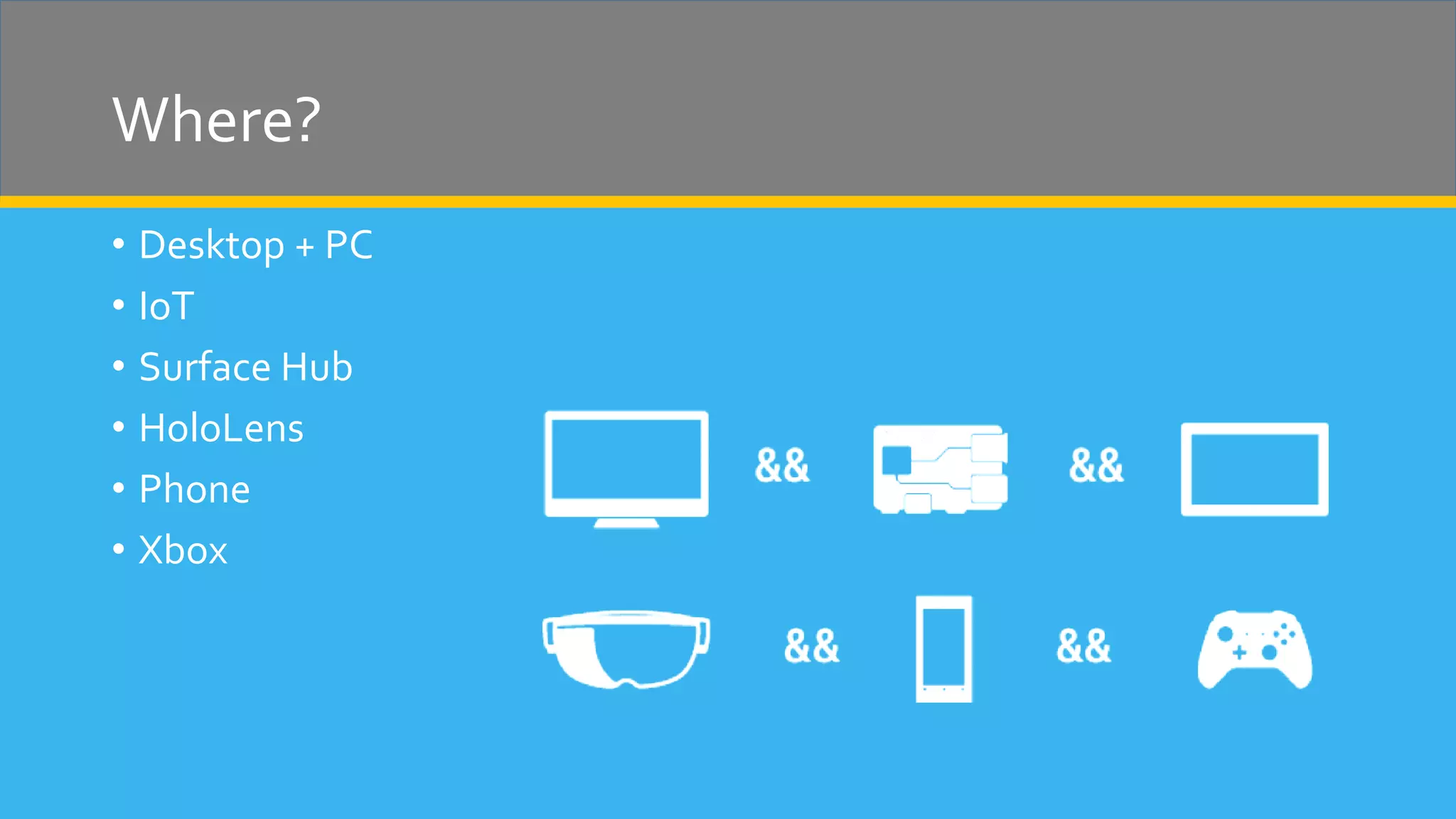 Where? • Desktop + PC • IoT • Surface Hub • HoloLens • Phone • Xbox 