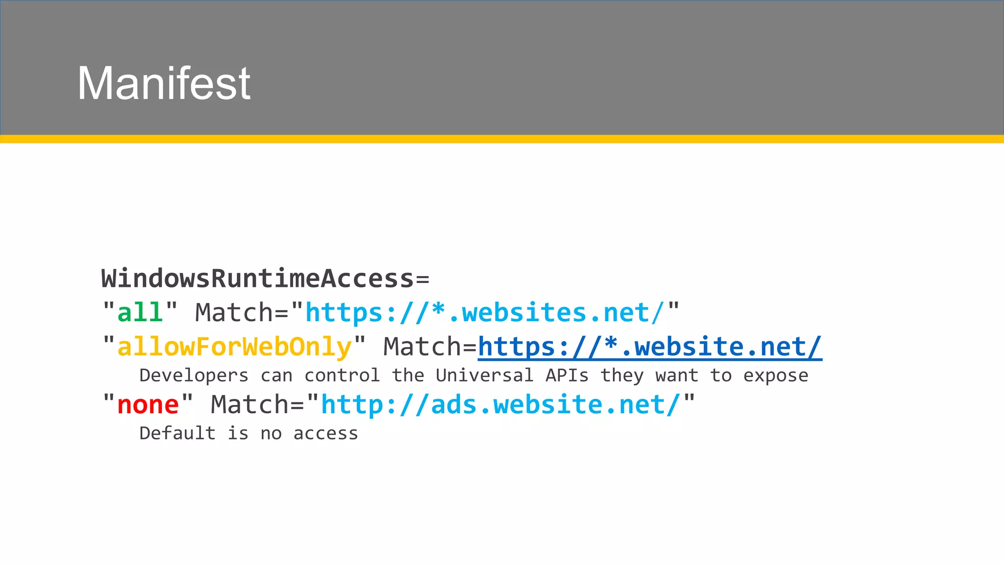 all https://*.websites.net/ allowForWebOnly https://*.website.net/ none http://ads.website.net/ Manifest 
