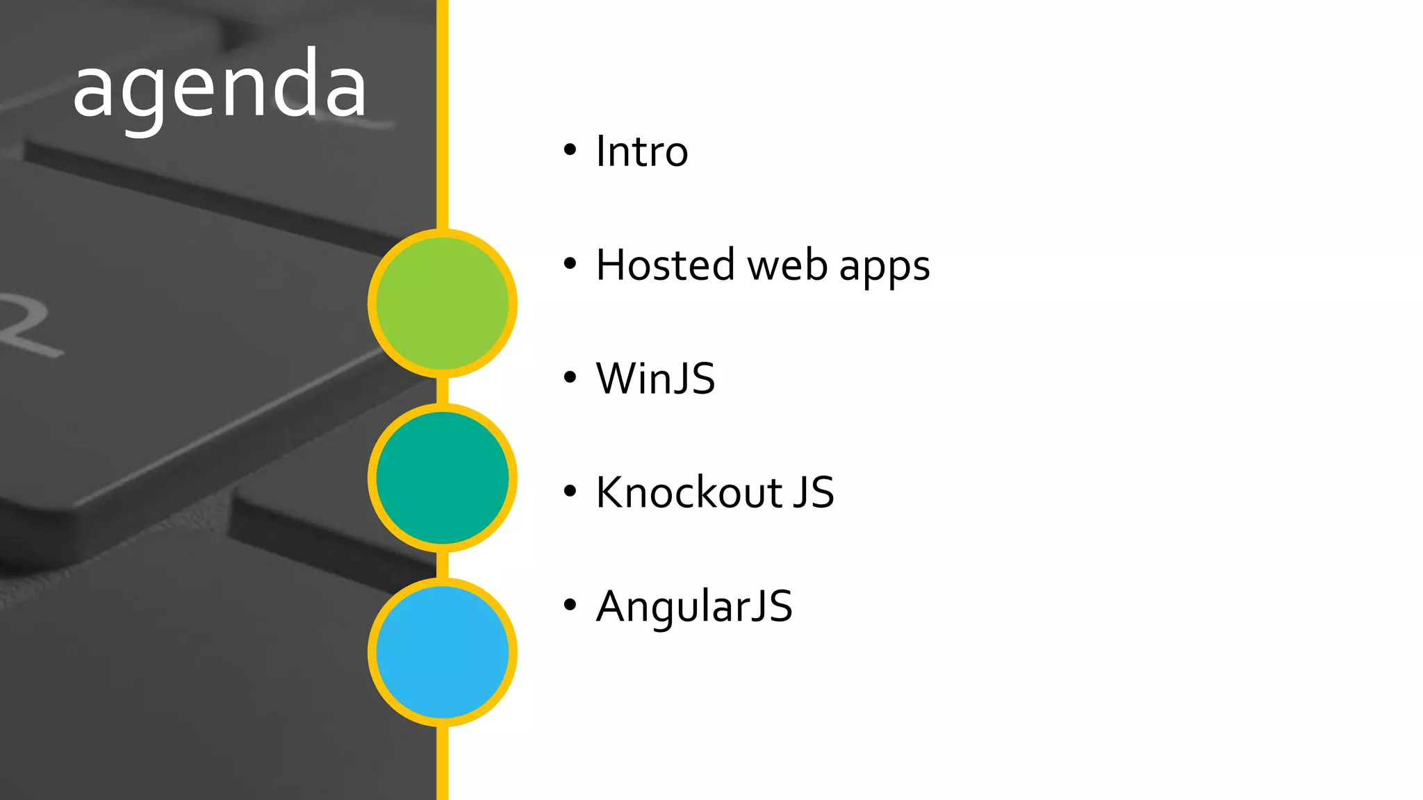 agenda • Intro • Hosted web apps • WinJS • Knockout JS • AngularJS 