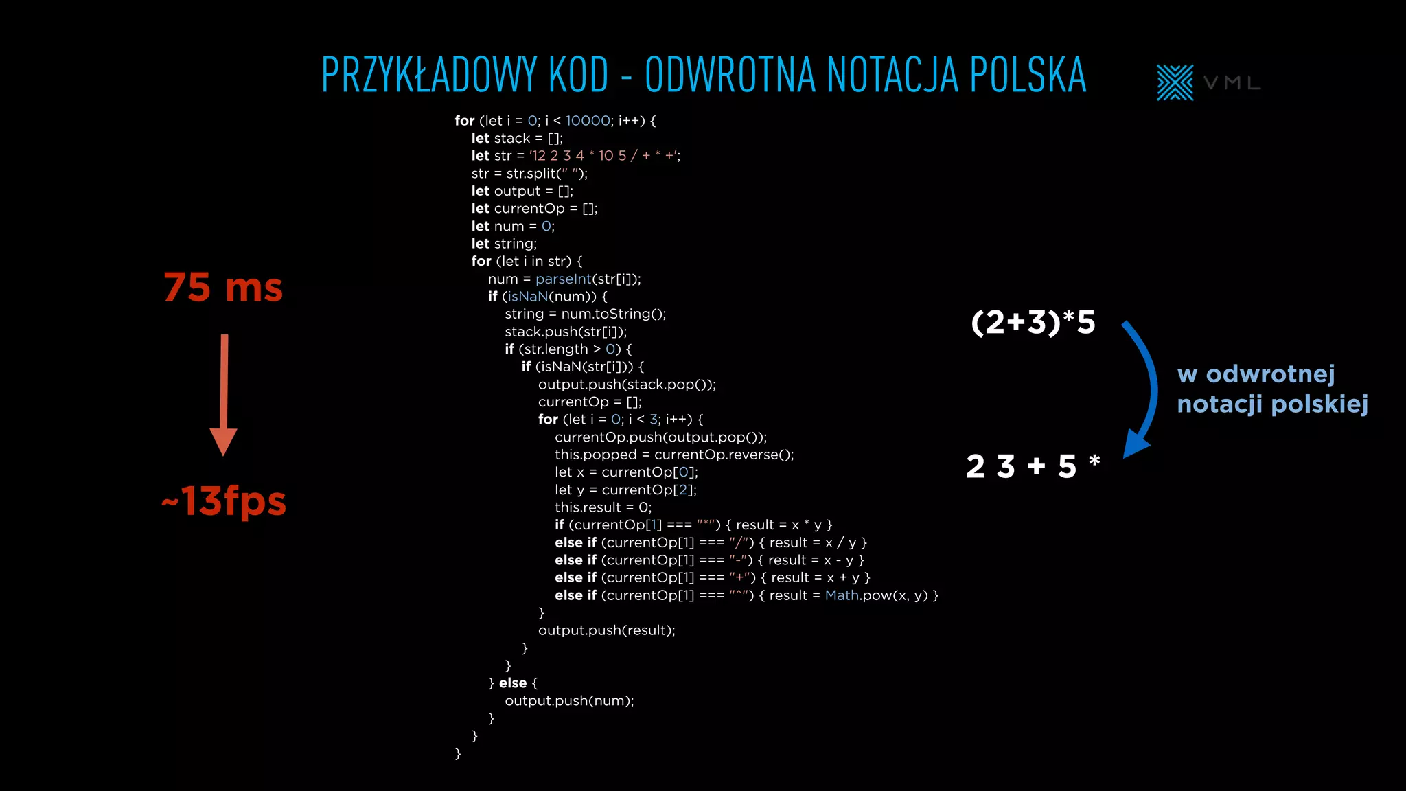PRZYKŁADOWY KOD - ODWROTNA NOTACJA POLSKA
for (let i = 0; i < 10000; i++) {
let stack = [];
let str = '12 2 3 4 * 10 5 / + * +';
str = str.split(" ");
let output = [];
let currentOp = [];
let num = 0;
let string;
for (let i in str) {
num = parseInt(str[i]);
if (isNaN(num)) {
string = num.toString();
stack.push(str[i]);
if (str.length > 0) {
if (isNaN(str[i])) {
output.push(stack.pop());
currentOp = [];
for (let i = 0; i < 3; i++) {
currentOp.push(output.pop());
this.popped = currentOp.reverse();
let x = currentOp[0];
let y = currentOp[2];
this.result = 0;
if (currentOp[1] === "*") { result = x * y }
else if (currentOp[1] === "/") { result = x / y }
else if (currentOp[1] === "-") { result = x - y }
else if (currentOp[1] === "+") { result = x + y }
else if (currentOp[1] === "^") { result = Math.pow(x, y) }
}
output.push(result);
}
}
} else {
output.push(num);
}
}
}
(2+3)*5
2 3 + 5 *
w odwrotnej
notacji polskiej
75 ms
~13fps
 
