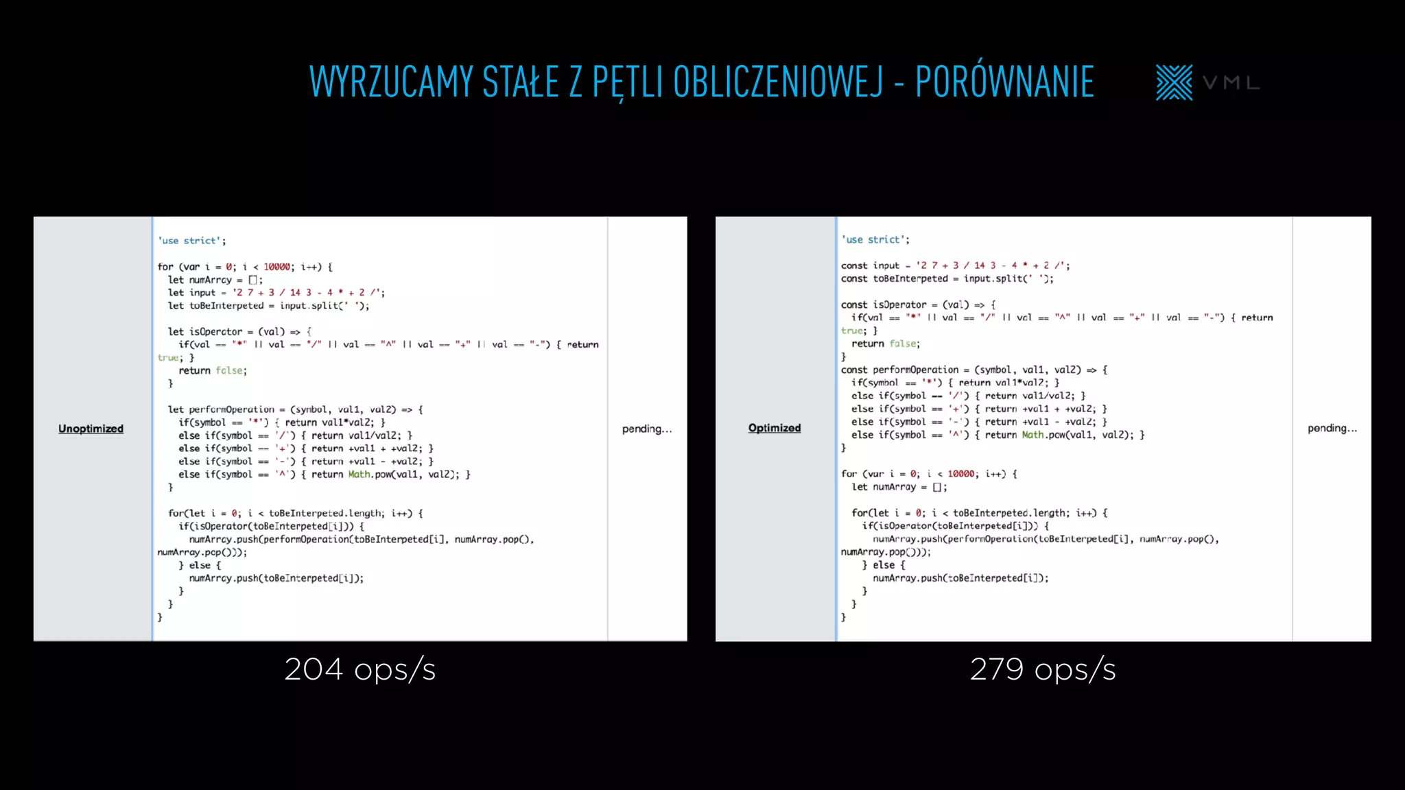 WYRZUCAMY STAŁE Z PĘTLI OBLICZENIOWEJ - PORÓWNANIE
204 ops/s 279 ops/s
 