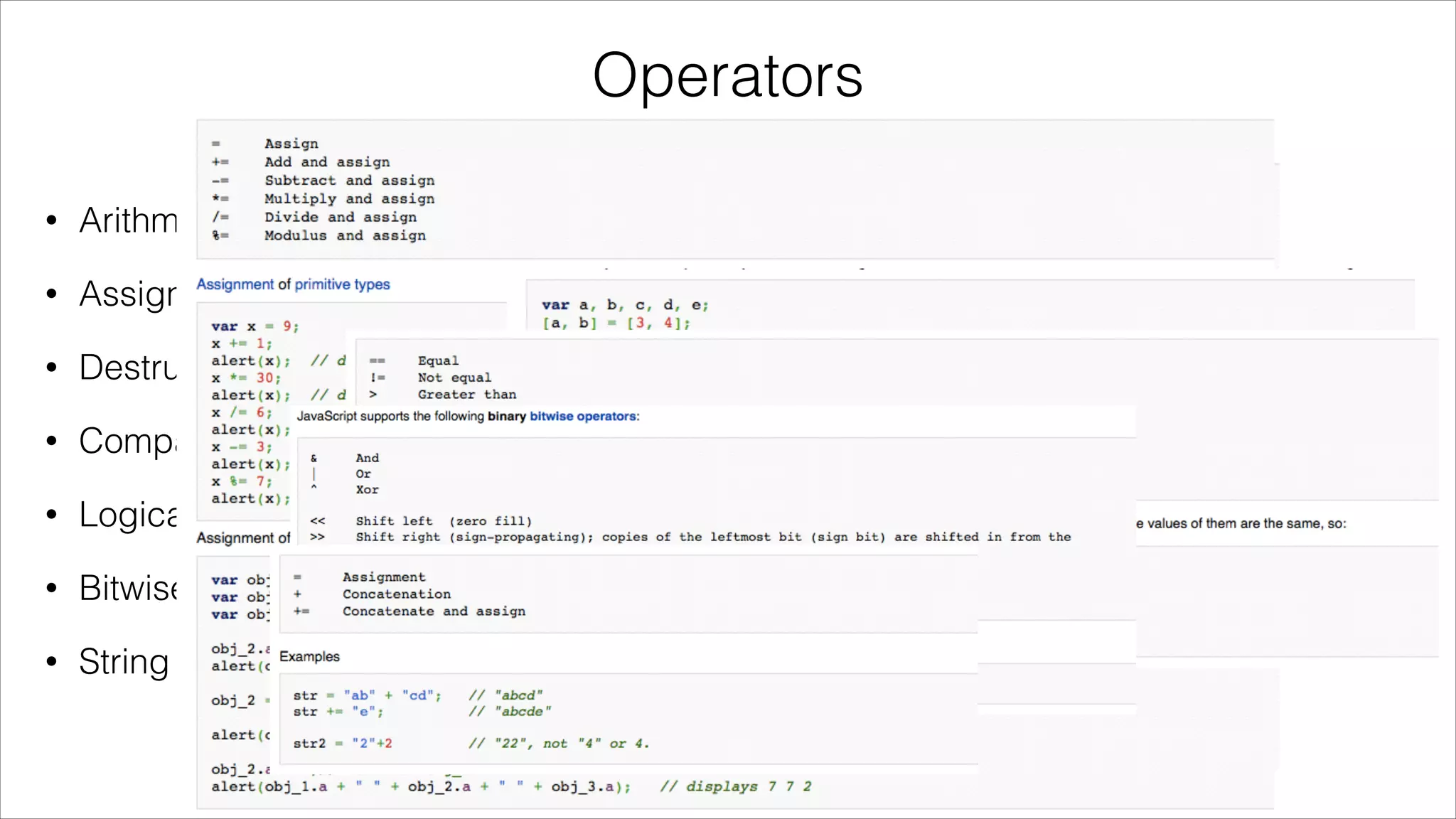 Operators
•

Arithmetic

•

Assignment

•

Destructuring assignment

•

Comparison

•

Logical

•

Bitwise

•

String

 