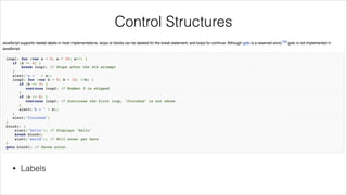 Control Structures
•

if … else …

•

Switch … case …

•

for Loop

•

for … in loop

•

While loop

•

Do … while loop

•

With

•

Labels

 