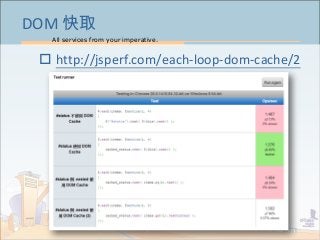 All services from your imperative.
19
DOM 快取
 http://jsperf.com/each-loop-dom-cache/2
 
