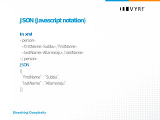 JSON (Javascript notation) In xml <person>  <firstName>Subbu</firstName>  <lastName>Allamaraju</lastName>  </person>  JSON ({  "firstName" : "Subbu",  "lastName" : "Allamaraju"  });  