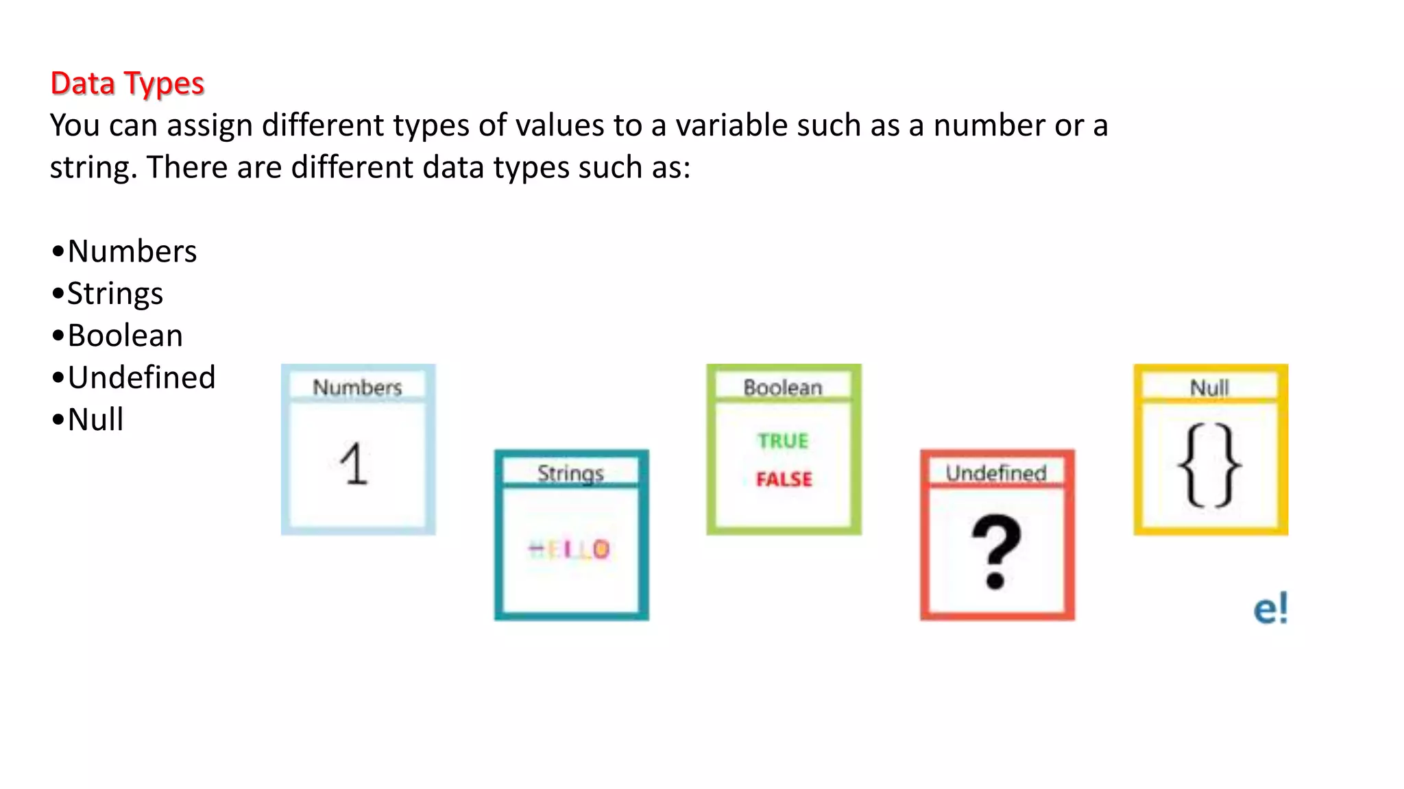 Data Types
You can assign different types of values to a variable such as a number or a
string. There are different data types such as:
•Numbers
•Strings
•Boolean
•Undefined
•Null
 