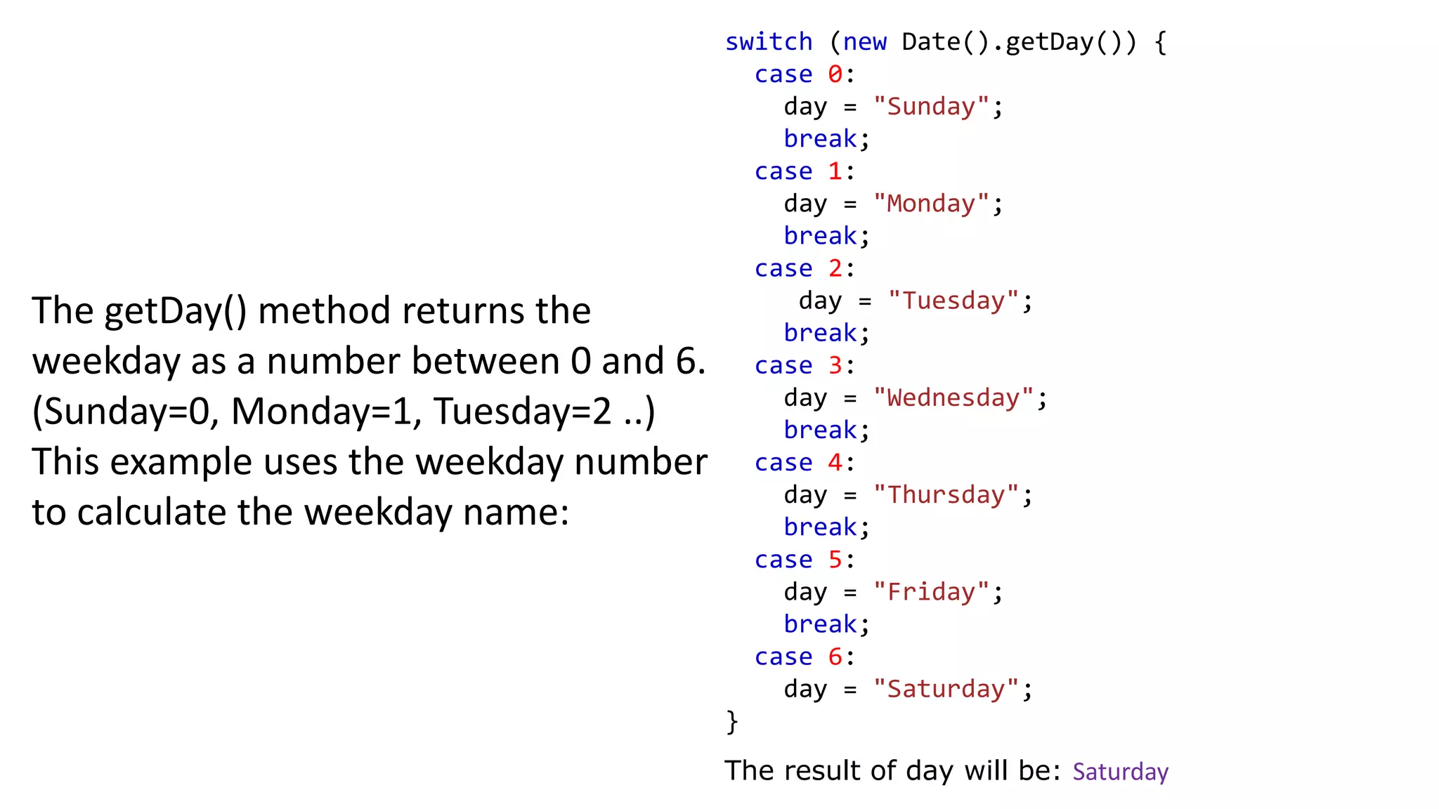 The getDay() method returns the
weekday as a number between 0 and 6.
(Sunday=0, Monday=1, Tuesday=2 ..)
This example uses the weekday number
to calculate the weekday name:
switch (new Date().getDay()) {
case 0:
day = "Sunday";
break;
case 1:
day = "Monday";
break;
case 2:
day = "Tuesday";
break;
case 3:
day = "Wednesday";
break;
case 4:
day = "Thursday";
break;
case 5:
day = "Friday";
break;
case 6:
day = "Saturday";
}
The result of day will be: Saturday
 
