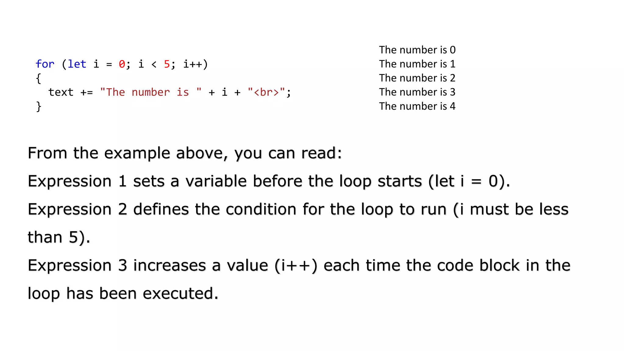 for (let i = 0; i < 5; i++)
{
text += "The number is " + i + "<br>";
}
From the example above, you can read:
Expression 1 sets a variable before the loop starts (let i = 0).
Expression 2 defines the condition for the loop to run (i must be less
than 5).
Expression 3 increases a value (i++) each time the code block in the
loop has been executed.
The number is 0
The number is 1
The number is 2
The number is 3
The number is 4
 