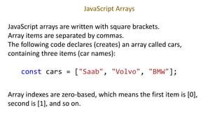 JavaScript Arrays
JavaScript arrays are written with square brackets.
Array items are separated by commas.
The following code declares (creates) an array called cars,
containing three items (car names):
const cars = ["Saab", "Volvo", "BMW"];
Array indexes are zero-based, which means the first item is [0],
second is [1], and so on.
 