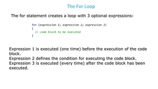 The For Loop
The for statement creates a loop with 3 optional expressions:
for (expression 1; expression 2; expression 3)
{
// code block to be executed
}
Expression 1 is executed (one time) before the execution of the code
block.
Expression 2 defines the condition for executing the code block.
Expression 3 is executed (every time) after the code block has been
executed.
 