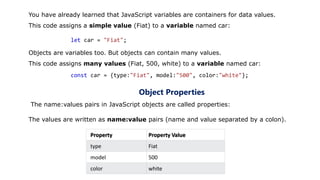 You have already learned that JavaScript variables are containers for data values.
This code assigns a simple value (Fiat) to a variable named car:
let car = "Fiat";
Objects are variables too. But objects can contain many values.
This code assigns many values (Fiat, 500, white) to a variable named car:
const car = {type:"Fiat", model:"500", color:"white"};
The values are written as name:value pairs (name and value separated by a colon).
Property Property Value
type Fiat
model 500
color white
Object Properties
The name:values pairs in JavaScript objects are called properties:
 