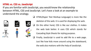 HTML vs. CSS vs. JavaScript
If you are familiar with JavaScript, you would know the relationship
between HTML, CSS and JavaScript. Let’s have a look at an example to
understand the analogy.
 HTML(Hyper Text Markup Language) is more like the
skeleton of the web. It is used for displaying the web.
 On the other hand, CSS is like our clothes. It makes
the web look better. It uses CSS which stands for
Cascading Style Sheets for styling purpose.
 Finally, JavaScript is used to add life to a web page.
Just like how kids move around using the skateboard,
the web also motions with the help of JavaScript.
 