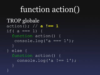 function action()
TROP globale
action(); // a !== 1
if( a === 1) {
  function action() {
    console.log('a === 1');
  }
} else {
  function action() {
     console.log('a !== 1');
  }
}
 