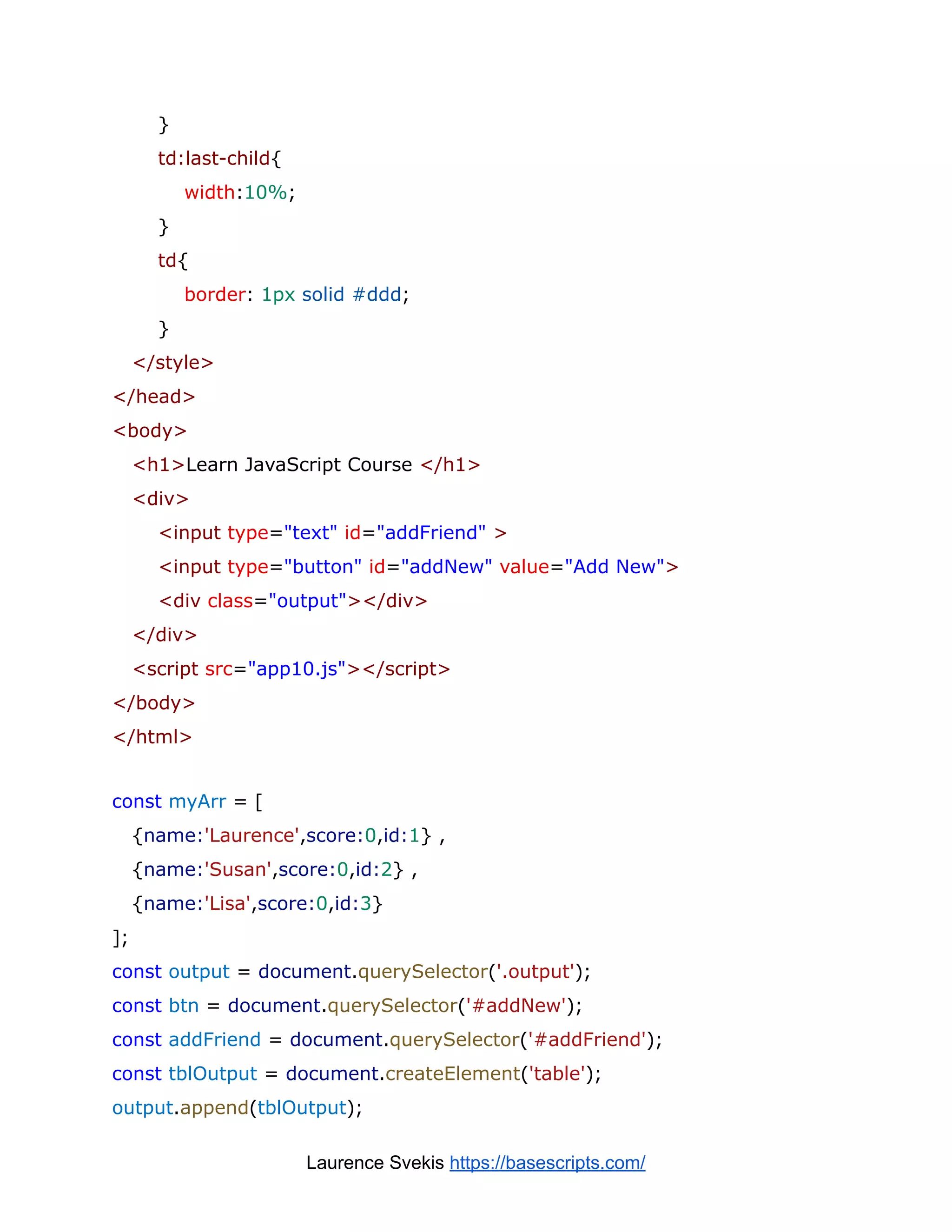 }
td:last-child{
width:10%;
}
td{
border: 1px solid #ddd;
}
</style>
</head>
<body>
<h1>Learn JavaScript Course </h1>
<div>
<input type="text" id="addFriend" >
<input type="button" id="addNew" value="Add New">
<div class="output"></div>
</div>
<script src="app10.js"></script>
</body>
</html>
const myArr = [
{name:'Laurence',score:0,id:1} ,
{name:'Susan',score:0,id:2} ,
{name:'Lisa',score:0,id:3}
];
const output = document.querySelector('.output');
const btn = document.querySelector('#addNew');
const addFriend = document.querySelector('#addFriend');
const tblOutput = document.createElement('table');
output.append(tblOutput);
Laurence Svekis https://basescripts.com/
 