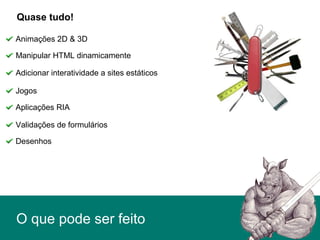 O que pode ser feito
Animações 2D & 3D
Quase tudo!
Manipular HTML dinamicamente
Adicionar interatividade a sites estáticos
Jogos
Aplicações RIA
Validações de formulários
Desenhos
 
