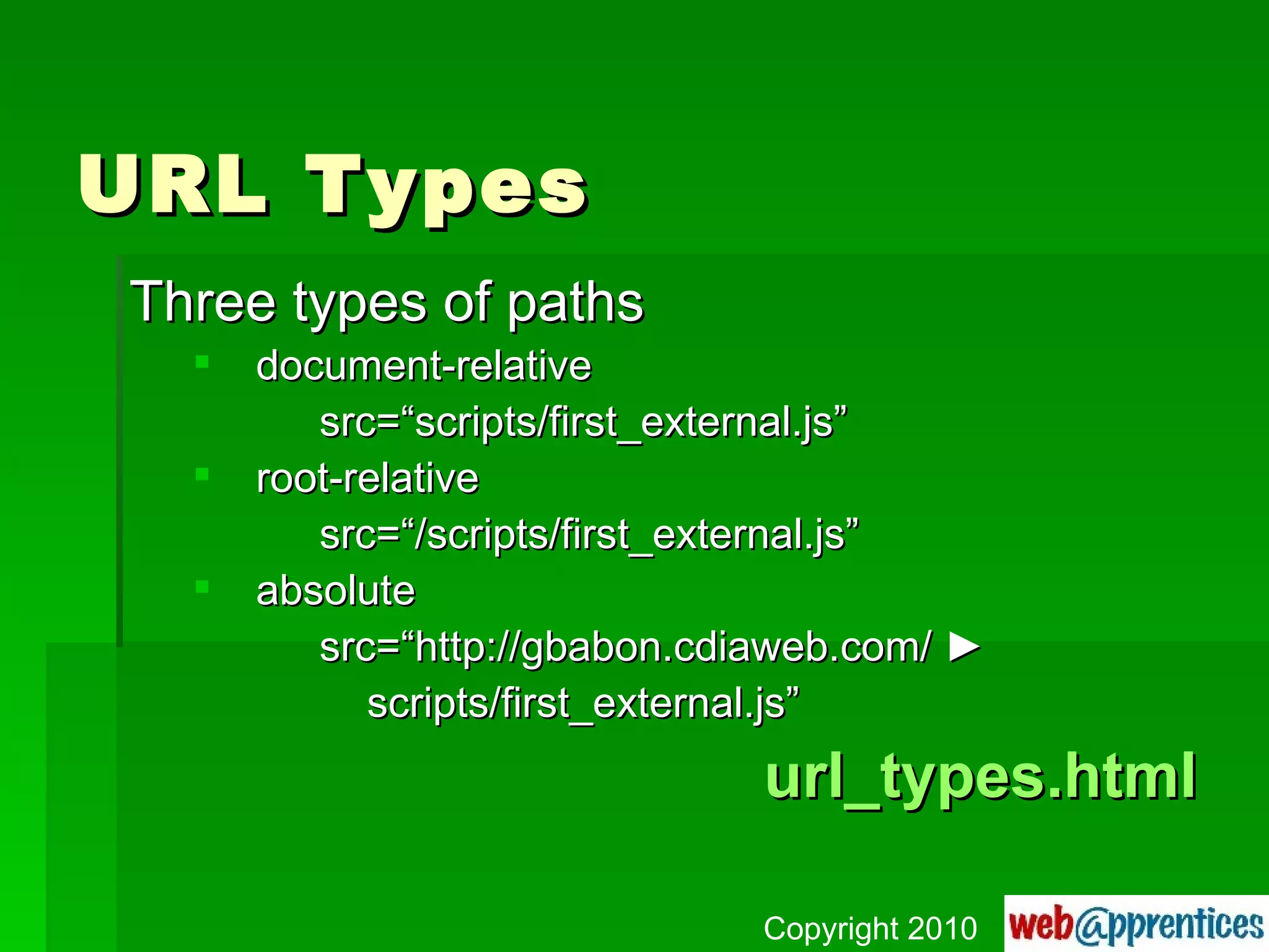 URL Types Three types of paths document-relative src=“scripts/first_external.js” root-relative src=“/scripts/first_external.js” absolute src=“http://gbabon.cdiaweb.com/  ► scripts/first_external.js” url_types.html Copyright 2010 