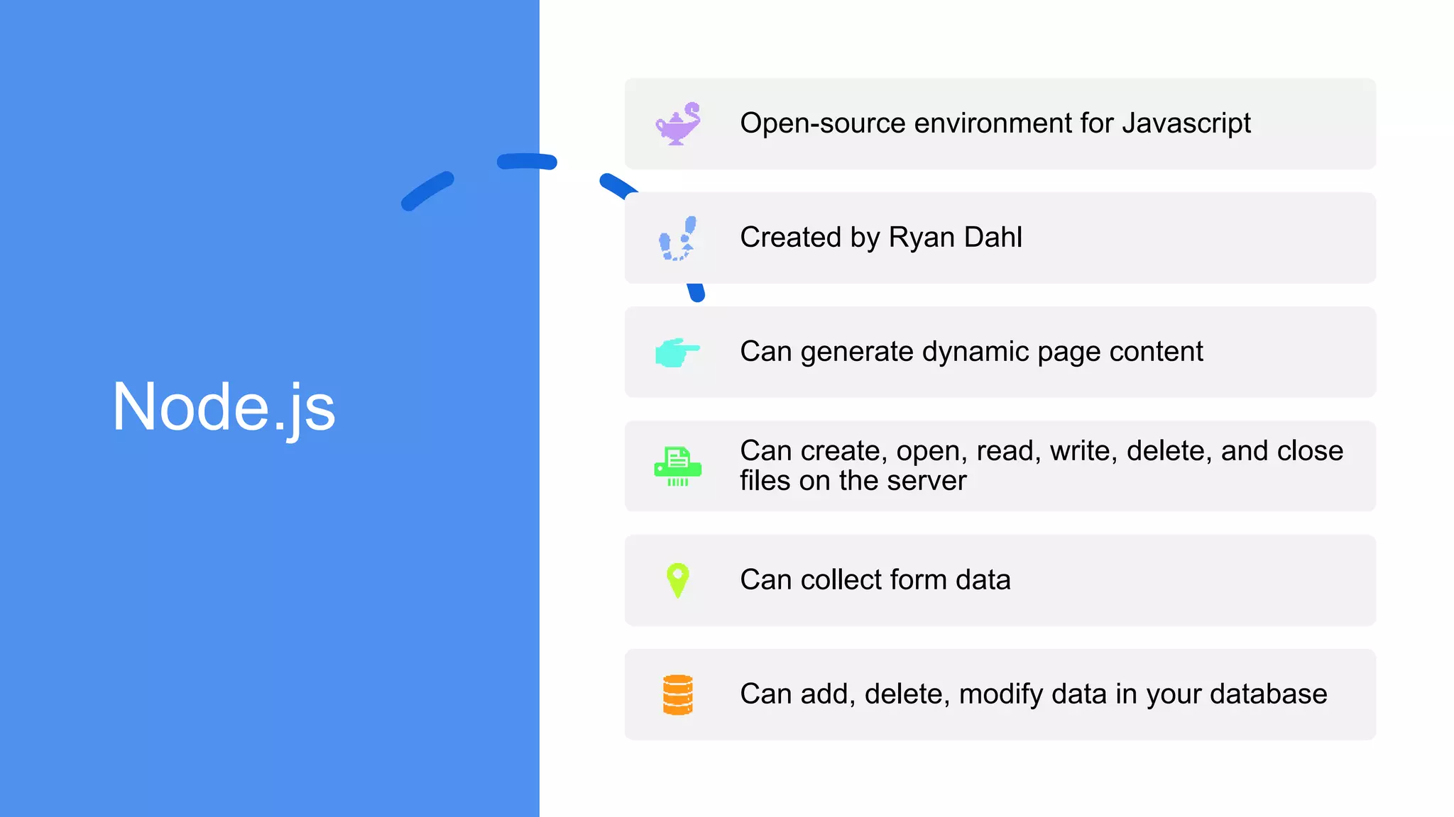Node.js
Open-source environment for Javascript
Created by Ryan Dahl
Can generate dynamic page content
Can create, open, read, write, delete, and close
files on the server
Can collect form data
Can add, delete, modify data in your database
 