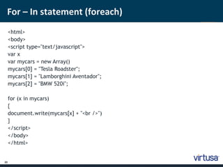 For – In statement (foreach) 
23 
<html> 
<body> 
<script type="text/javascript"> 
var x 
var mycars = new Array() 
mycars[0] = "Tesla Roadster"; 
mycars[1] = "Lamborghini Aventador"; 
mycars[2] = "BMW 520i"; 
for (x in mycars) 
{ 
document.write(mycars[x] + "<br />") 
} 
</script> 
</body> 
</html> 
 
