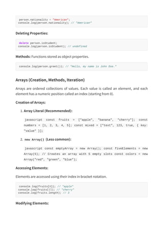 person.nationality = "American";
console.log(person.nationality); // "American"
Deleting Properties:
delete person.isStudent;
console.log(person.isStudent); // undefined
Methods: Functions stored as object properties.
console.log(person.greet()); // "Hello, my name is John Doe."
Arrays (Creation, Methods, Iteration)
Arrays are ordered collections of values. Each value is called an element, and each
element has a numeric position called an index (starting from 0).
Creation of Arrays:
1. Array Literal (Recommended):
javascript const fruits = ["apple", "banana", "cherry"]; const
numbers = [1, 2, 3, 4, 5]; const mixed = ["text", 123, true, { key:
"value" }];
2. new Array() (Less common):
javascript const emptyArray = new Array(); const fiveElements = new
Array(5); // Creates an array with 5 empty slots const colors = new
Array("red", "green", "blue");
Accessing Elements:
Elements are accessed using their index in bracket notation.
console.log(fruits[0]); // "apple"
console.log(fruits[2]); // "cherry"
console.log(fruits.length); // 3
Modifying Elements:
 