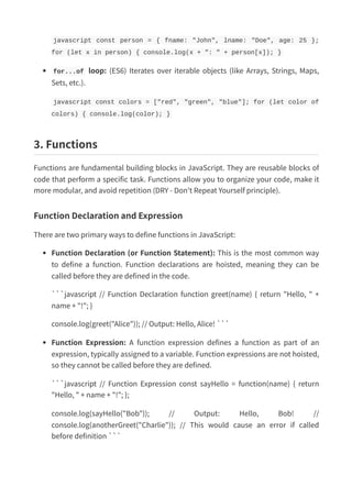 javascript const person = { fname: "John", lname: "Doe", age: 25 };
for (let x in person) { console.log(x + ": " + person[x]); }
for...of loop: (ES6) Iterates over iterable objects (like Arrays, Strings, Maps,
Sets, etc.).
javascript const colors = ["red", "green", "blue"]; for (let color of
colors) { console.log(color); }
3. Functions
Functions are fundamental building blocks in JavaScript. They are reusable blocks of
code that perform a specific task. Functions allow you to organize your code, make it
more modular, and avoid repetition (DRY - Don't Repeat Yourself principle).
Function Declaration and Expression
There are two primary ways to define functions in JavaScript:
Function Declaration (or Function Statement): This is the most common way
to define a function. Function declarations are hoisted, meaning they can be
called before they are defined in the code.
```javascript // Function Declaration function greet(name) { return "Hello, " +
name + "!"; }
console.log(greet("Alice")); // Output: Hello, Alice! ```
Function Expression: A function expression defines a function as part of an
expression, typically assigned to a variable. Function expressions are not hoisted,
so they cannot be called before they are defined.
```javascript // Function Expression const sayHello = function(name) { return
"Hello, " + name + "!"; };
console.log(sayHello("Bob")); // Output: Hello, Bob! //
console.log(anotherGreet("Charlie")); // This would cause an error if called
before definition ```
 