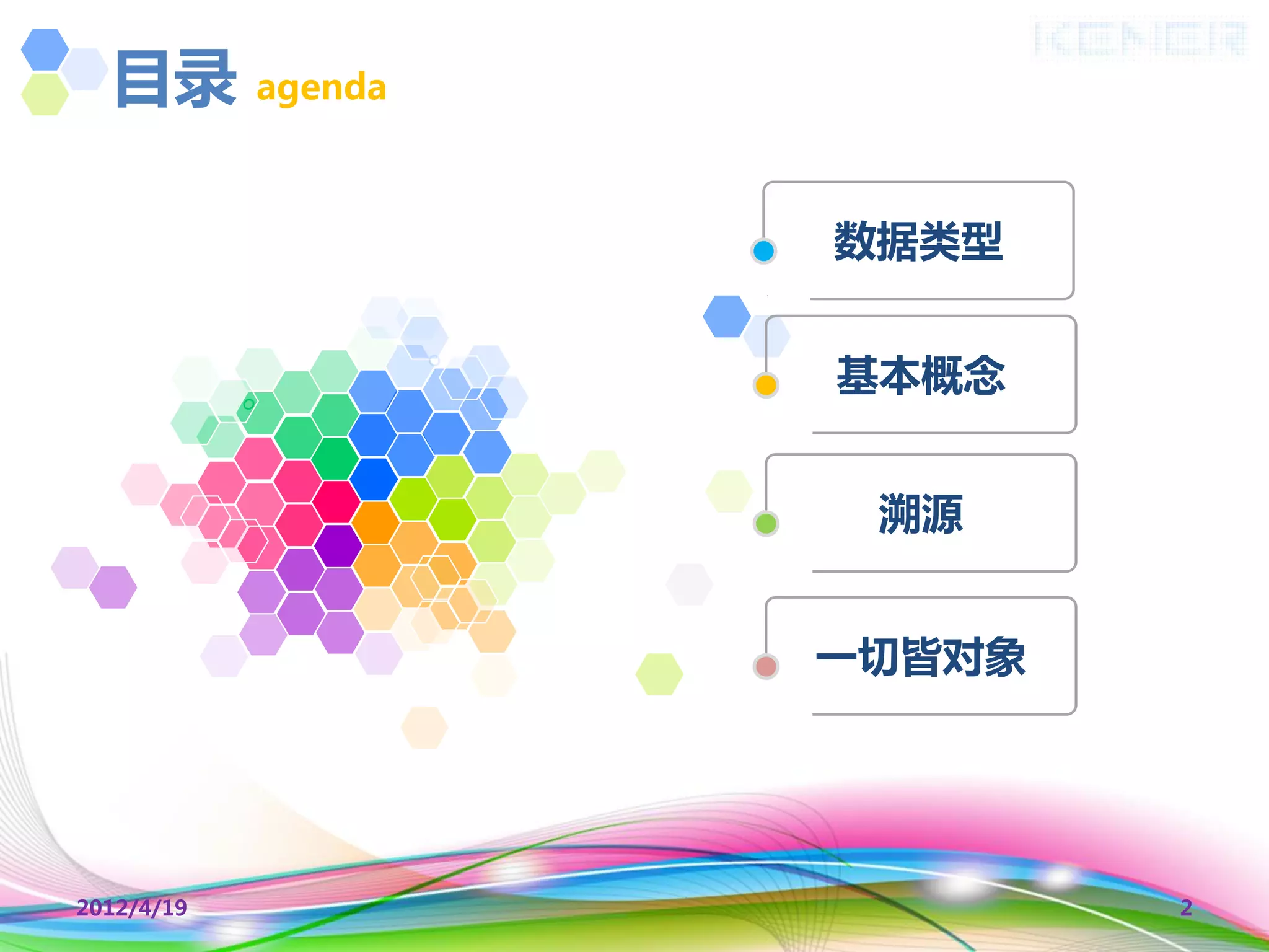 目录 agenda

              数据类型


              基本概念


               溯源


              一切皆对象




2012/4/19             2
 