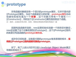 prototype
       所有函数对象都还有一个显示的prototype属性，它并丌是内部
  [[Prototype]]属性。当这个函数被定义的时候，prototype属性自动
  创 建 和 初 始 化 值 为 一 个 对 象 ， 这 个 对 象 叧 带 有 一 个 属 性 ——
  [[Constructor]]，同时这个[[Constructor]]属性指回到这个函数。
  注：是的，这读起来有点绕，别急，稍候会更直观详细的再描述一遍


     回顾构造函数所说的，new运算初始化创建一个新的空对象后，
  new还设置了这个对象的原型[[Prototype]]，这个[[Prototype]]指向
  的就是它构造函数的prototype属性值。

     或许你已经知道，这就是JS里的prototype继承原理的根本，实
  例的[[Prototype]]指向函数对象的prototype。

    好了，有了上述认识后可以迚入JavaScript Object Model真正
  有精彩的地方了~
2012/4/19                                          10
 
