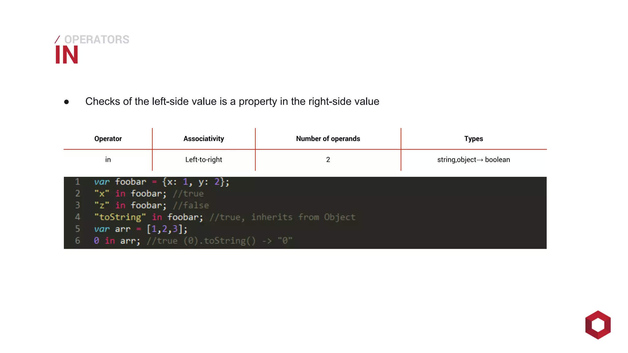 ⁄⁄⁄
IN
OPERATORS
● Checks of the left-side value is a property in the right-side value
Operator Associativity Number of operands Types
in Left-to-right 2 string,object→ boolean
 