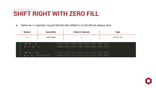 ⁄⁄⁄
SHIFT RIGHT WITH ZERO FILL
OPERATORS
● Same as >> operator, except that the bits shifted in on the left are always zero
Operator Associativity Number of operands Types
>>> Left-to-right 2 int, int→ int
 