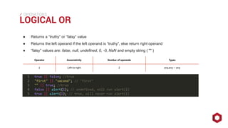 ⁄⁄⁄
LOGICAL OR
OPERATORS
● Returns a “truthy” or “falsy” value
● Returns the left operand if the left operand is “truthy”, else return right operand
● “falsy” values are: false, null, undefined, 0, -0, NaN and empty string ( "" )
Operator Associativity Number of operands Types
|| Left-to-right 2 any,any→ any
 
