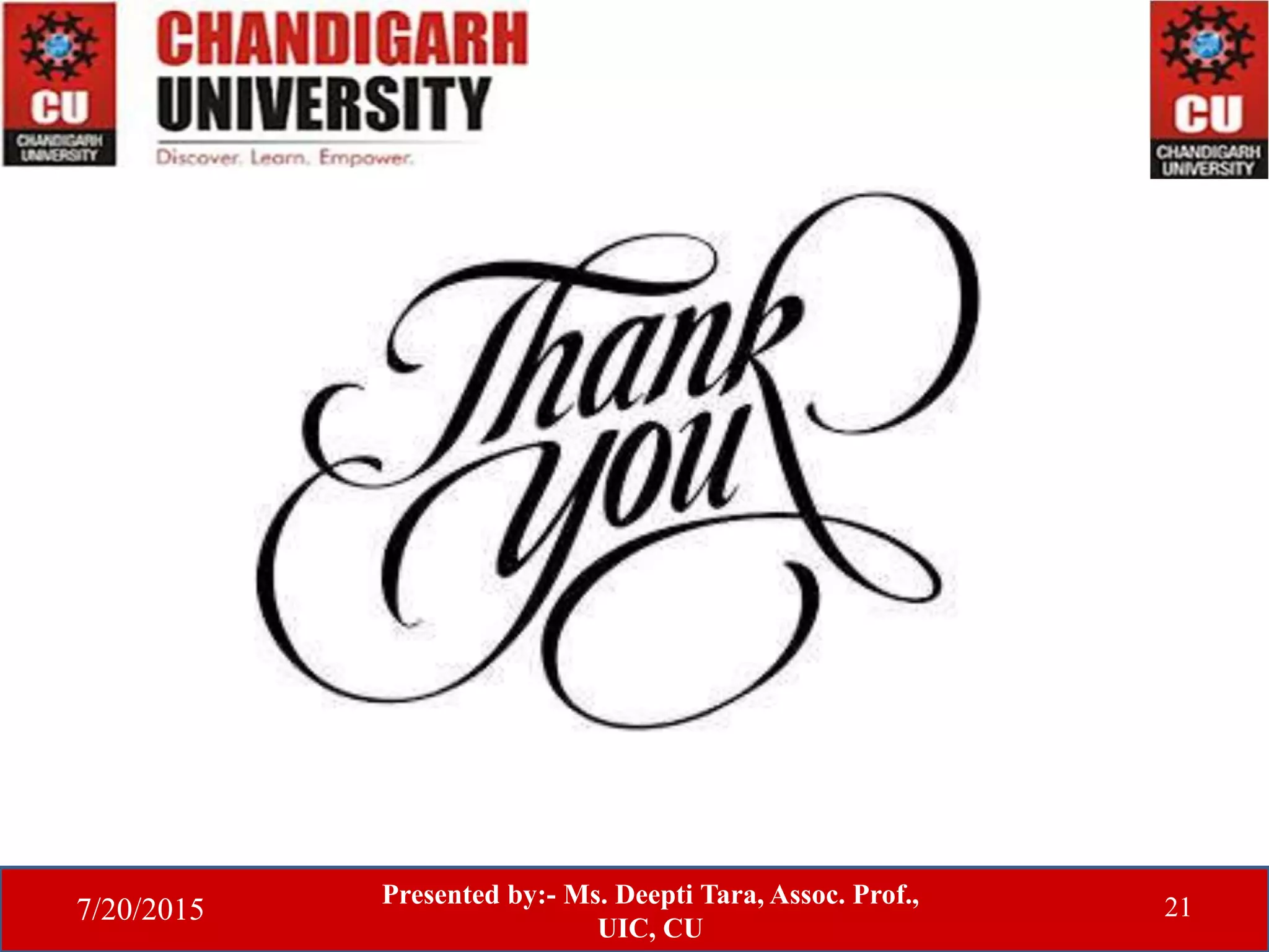 7/20/2015
Presented by:- Ms. Deepti Tara, Assoc. Prof.,
UIC, CU
21
 