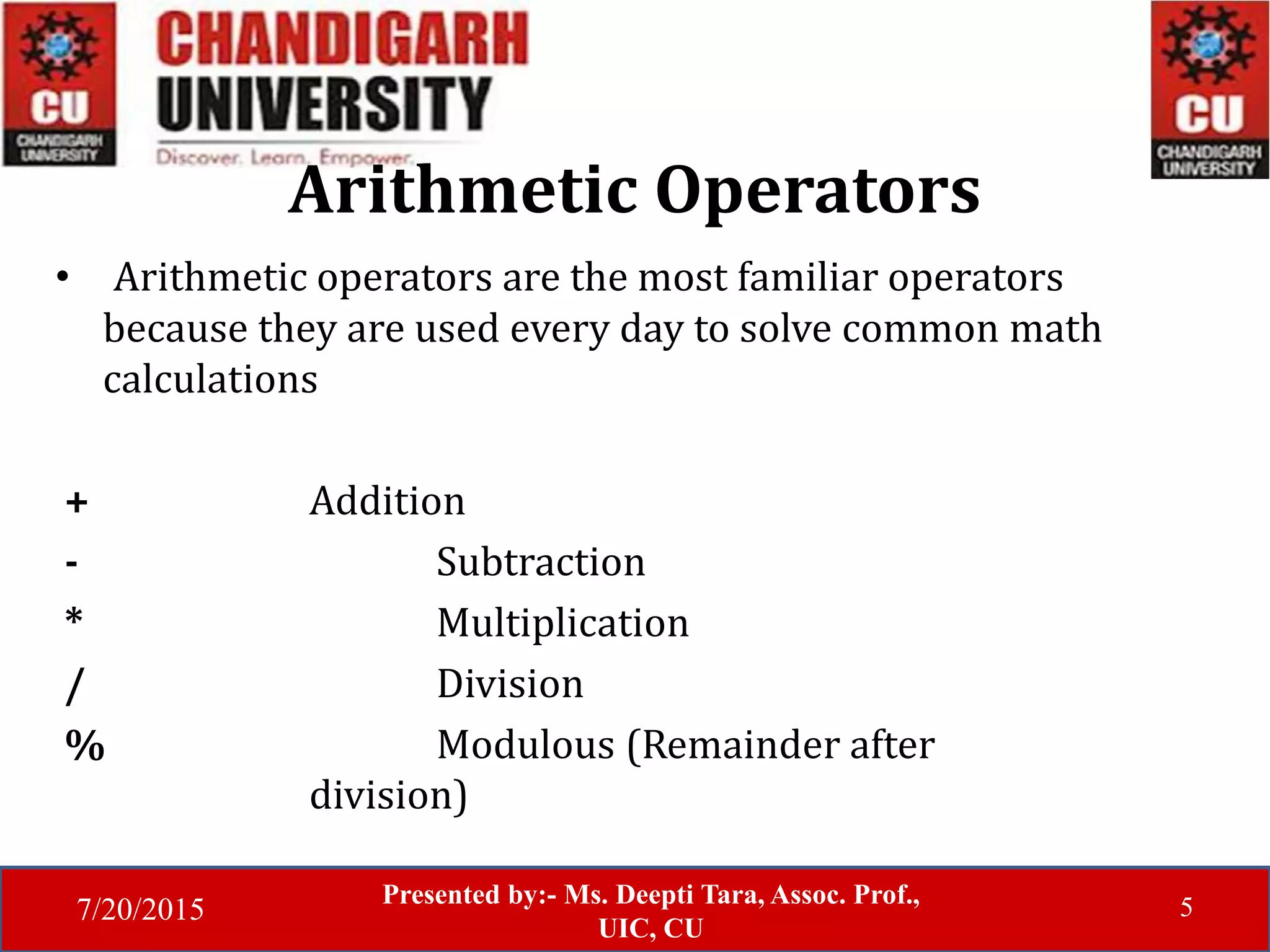 7/20/2015
Presented by:- Ms. Deepti Tara, Assoc. Prof.,
UIC, CU
5
Arithmetic Operators
• Arithmetic operators are the most familiar operators
because they are used every day to solve common math
calculations
+ Addition
- Subtraction
* Multiplication
/ Division
% Modulous (Remainder after
division)
 