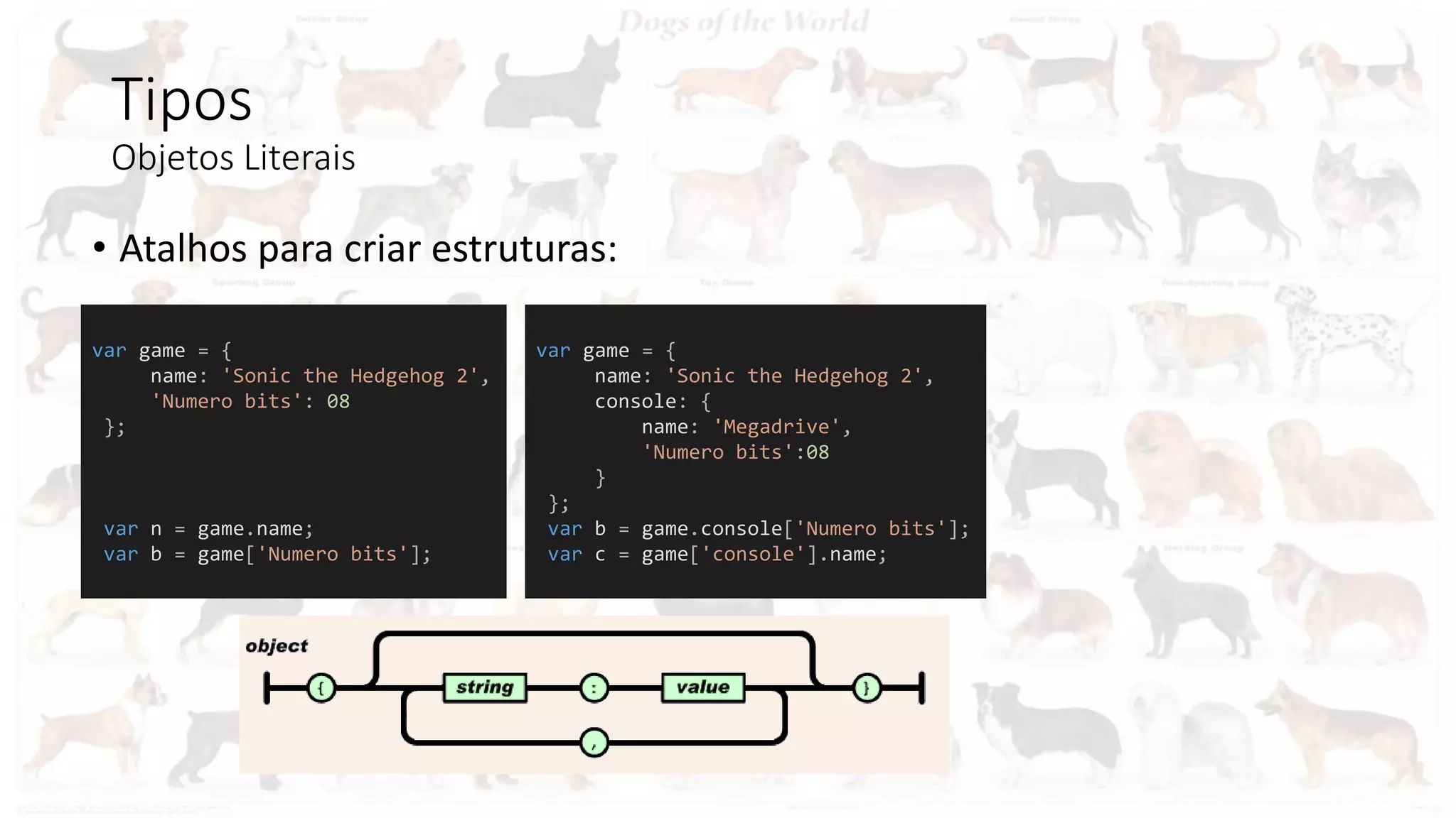 Tipos
Objetos Literais
• Atalhos para criar estruturas:
var game = {
name: 'Sonic the Hedgehog 2',
'Numero bits': 08
};
var n = game.name;
var b = game['Numero bits'];
var game = {
name: 'Sonic the Hedgehog 2',
console: {
name: 'Megadrive',
'Numero bits':08
}
};
var b = game.console['Numero bits'];
var c = game['console'].name;
 