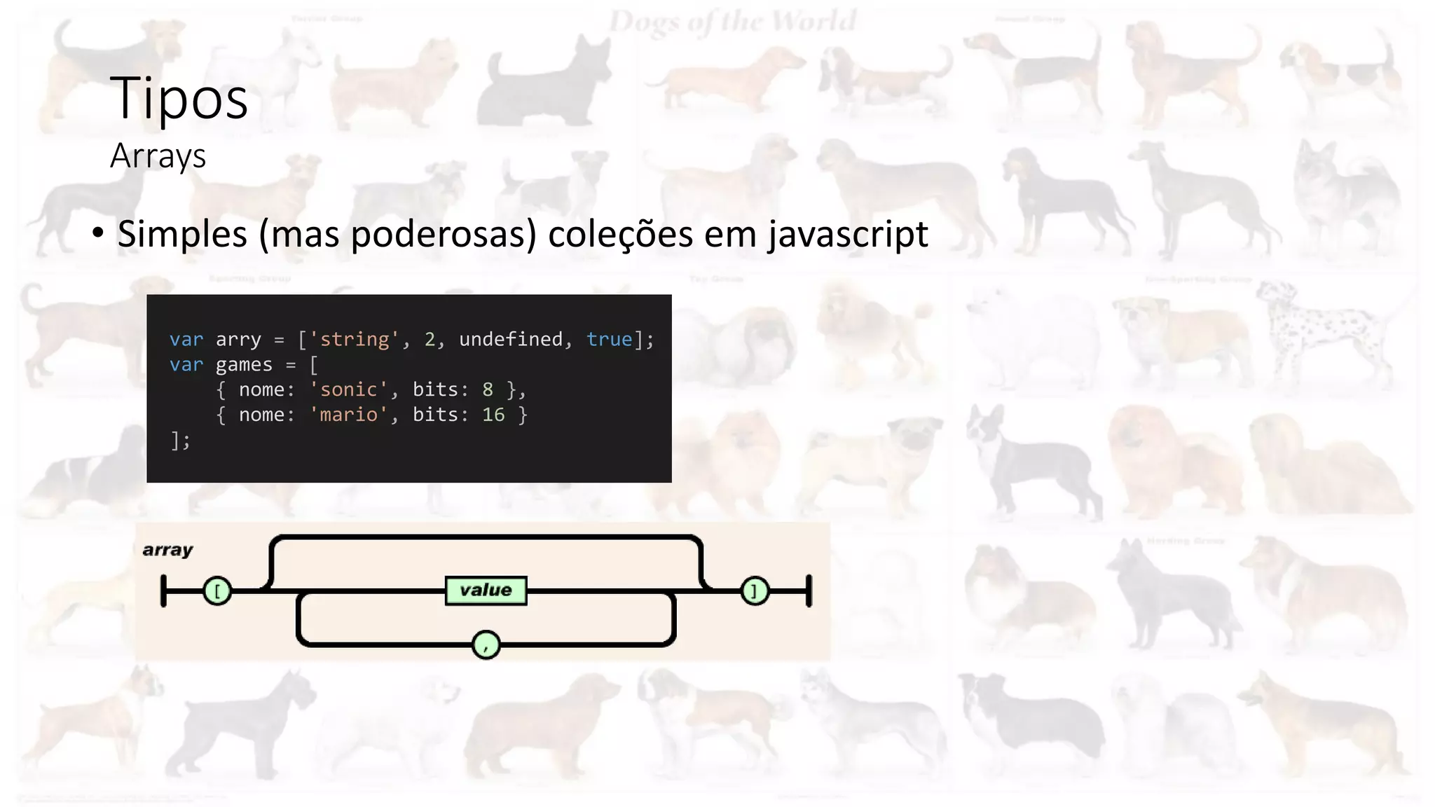Tipos
Arrays
• Simples (mas poderosas) coleções em javascript
var arry = ['string', 2, undefined, true];
var games = [
{ nome: 'sonic', bits: 8 },
{ nome: 'mario', bits: 16 }
];
 