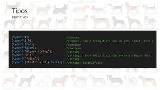 Tipos
Primitivos
(typeof 1);
(typeof 1.0);
(typeof true);
(typeof false);
(typeof "Alguma string");
(typeof 'c');
(typeof 'false');
(typeof ("teste" + 32 + false));
//number
//number, não é feita distinção de int, float, double
//boolean
//boolean
//string
//string, não é feita distinção entre string e char
//string
//string 'teste32false'
 