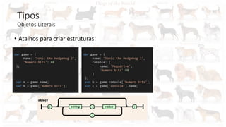 Tipos
Objetos Literais
• Atalhos para criar estruturas:
var game = {
name: 'Sonic the Hedgehog 2',
'Numero bits': 08
};
var n = game.name;
var b = game['Numero bits'];
var game = {
name: 'Sonic the Hedgehog 2',
console: {
name: 'Megadrive',
'Numero bits':08
}
};
var b = game.console['Numero bits'];
var c = game['console'].name;
 