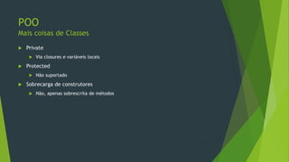 • Crie a classe Calculadora
• Ela terá todos os métodos convencionais, incluindo MOD
• (opcional) Use jQuery para relacionar eventos aos controladores
• Seu construtor recebe um nome que não pode ser alterado (somente
leitura) (ex: “Casio”)
• Crie a classe Operação(number, number, string operator)
• Antes de executar cada operação, salve num histórico
privado na calculadora
 