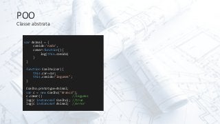 POO
Classe abstrata
var Animal = {
comida:'nada',
comer:function(){
log(this.comida)
}
}
function Coelho(cor){
this.cor=cor;
this.comida="legumes";
}
Coelho.prototype=Animal;
var c = new Coelho("Branco");
c.comer() //legumes
log(c instanceof Coelho); //true
log(c instanceof Animal) //error
 
