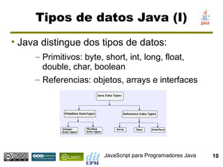 Tipos de datos Java (I)
●
    Java distingue dos tipos de datos:
        – Primitivos: byte, short, int, long, float,
          double, char, boolean
        – Referencias: objetos, arrays e interfaces




                          JavaScript para Programadores Java   10
 