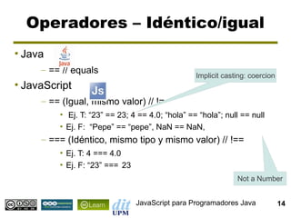 Operadores – Idéntico/igual
●
    Java
        – == // equals
                                                    Implicit casting: coercion
●
    JavaScript
        – == (Igual, mismo valor) // !=
            • Ej. T: “23” == 23; 4 == 4.0; “hola” == “hola”; null == null
            • Ej. F: “Pepe” == “pepe”, NaN == NaN,
        – === (Idéntico, mismo tipo y mismo valor) // !==
            • Ej. T: 4 === 4.0
            • Ej. F: “23” === 23
                                                                 Not a Number


                                   JavaScript para Programadores Java            14
 